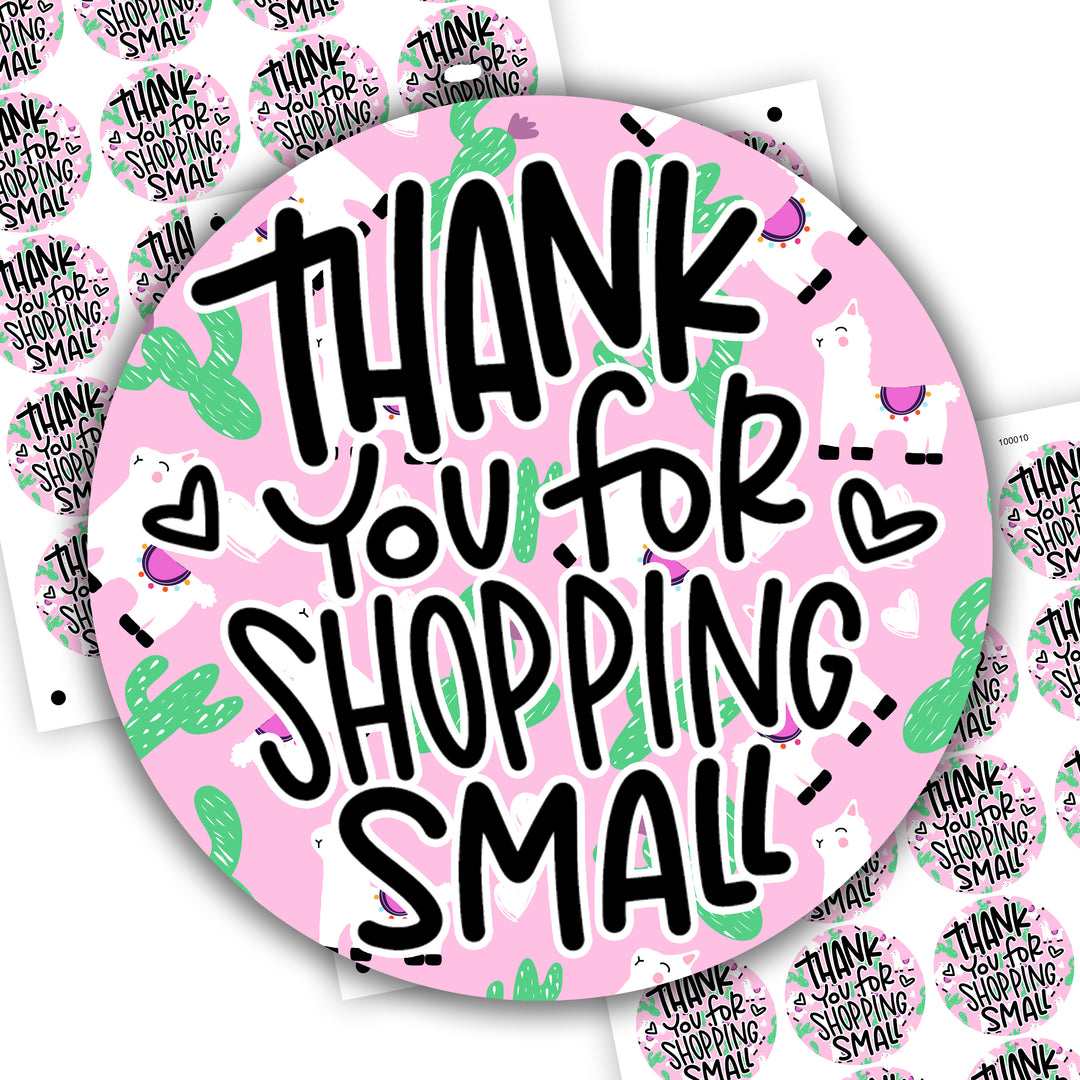 Thank You For Shopping Small Llama And Cactus Round Sticker, Business Branding, Small Shop Stickers , Sticker #: S0632, Ready To Ship