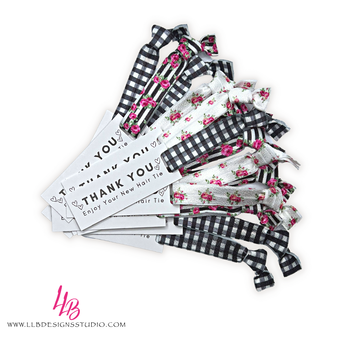 Floral Black Plaid Mix Of Printed Elastic Hair Ties, Thank You Enjoy Your Hair Tie Mini Hair Tie Card, 25 Hair Ties + Cards