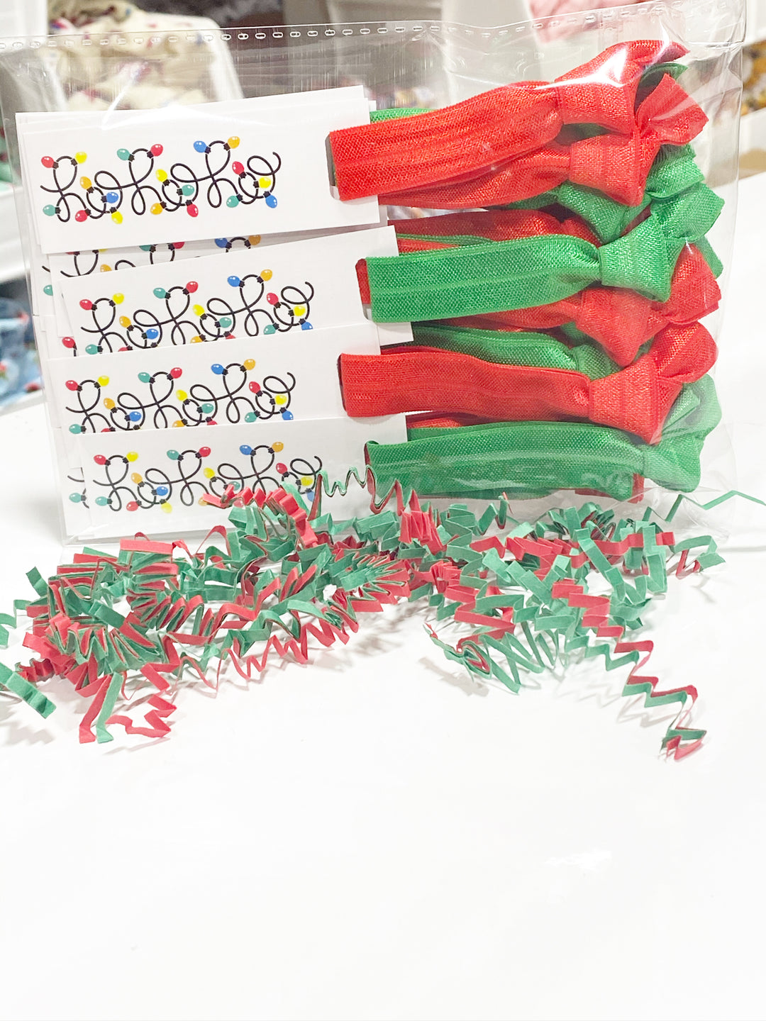 Red and Green Hair Ties & HoHoHo Mini Cards l Mini Hair Tie Card | 25 Hair Ties + Cards | SKU: HM45