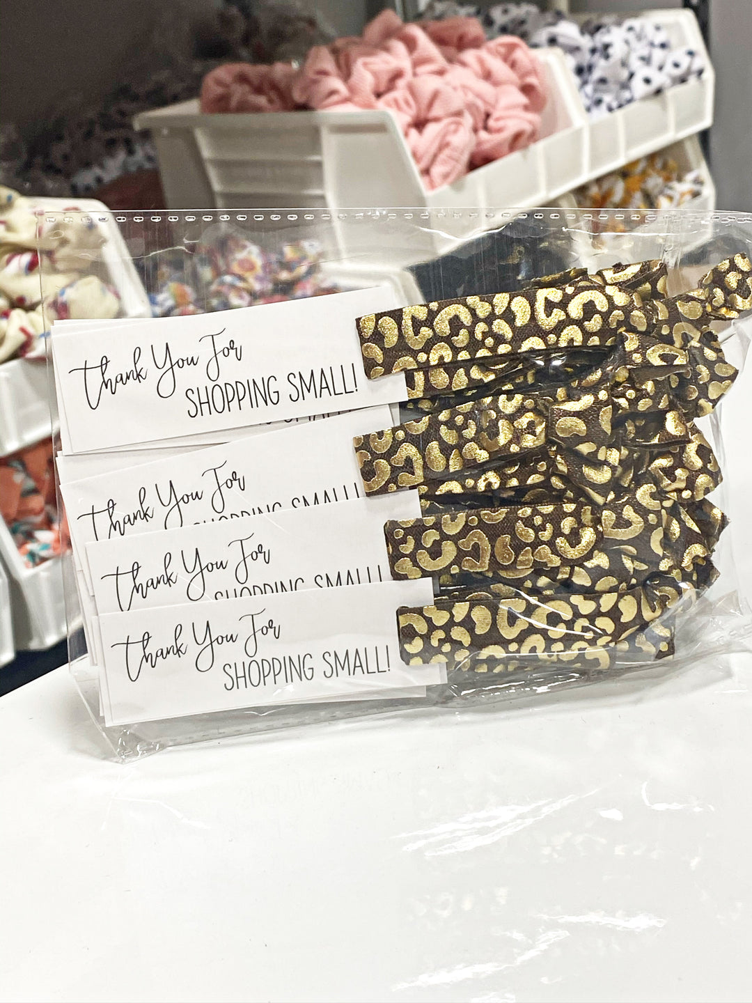 Brown Cheetah Foil Print Print Hair Ties & Thank You For Shopping Small Mini Cards l Mini Hair Tie Card | 25 Hair Ties + Cards | SKU: HM50