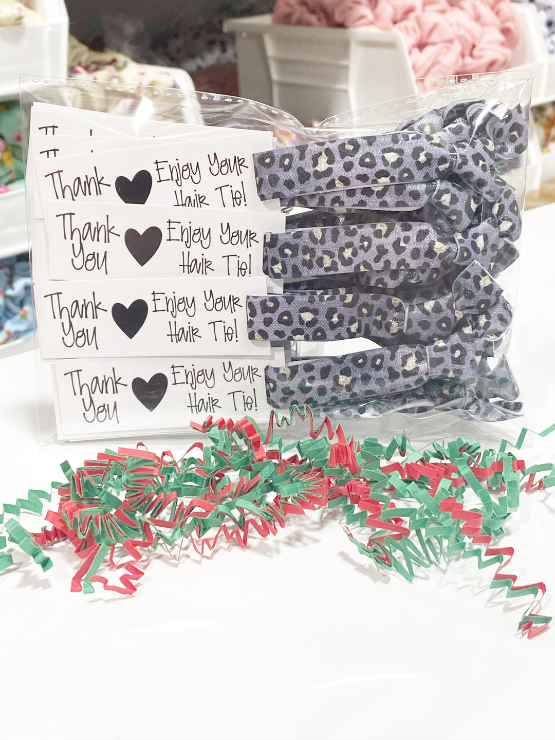 Purple/Silver Cheetah Print Hair Ties & Enjoy Hair Tie Mini Cards l Mini Hair Tie Card | 25 Hair Ties + Cards | SKU: HM49