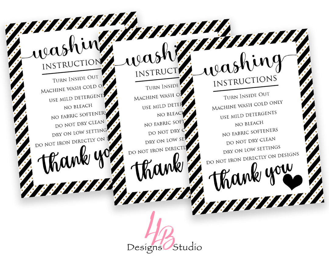 Non - Custom Washing Instructions | Black and Gold Dots | SIZE 4 X 3 INCHES | Card Number: CC005 | Ready To Ship
