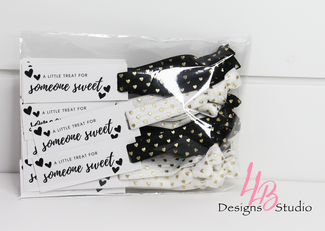 Black & White Gold Foil Hearts Hair Ties & A Little Treat For Someone Sweet Mini Cards l Mini Hair Tie Card | 25 Hair Ties + Cards | SKU: HM52