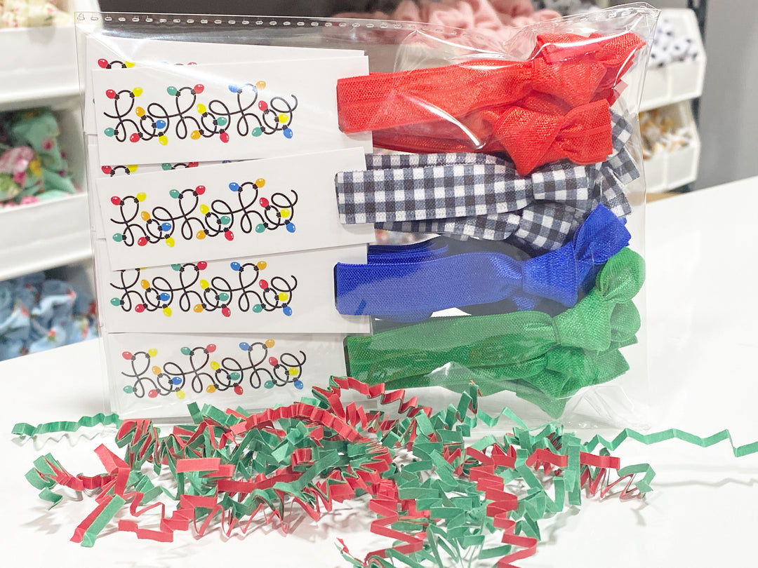 Red, Blue, Green and Plaid Hair Ties & HoHoHo Mini Cards l Mini Hair Tie Card | 25 Hair Ties + Cards | SKU: HM46