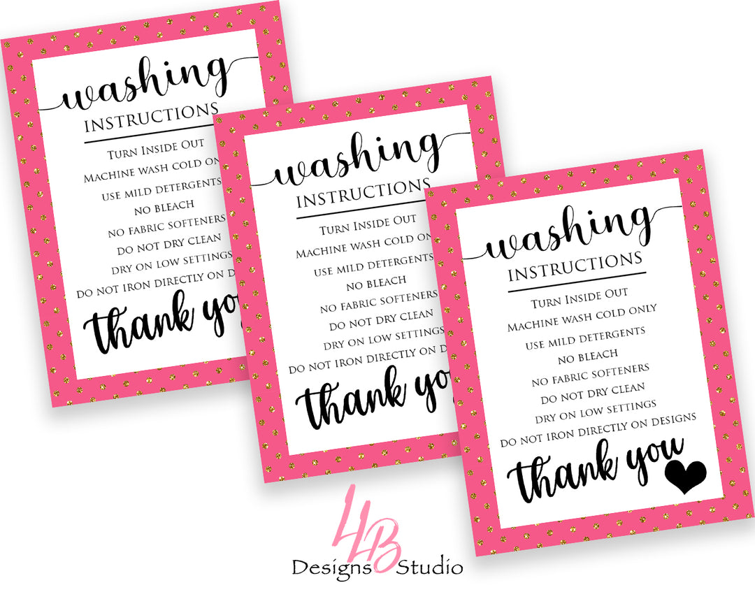Non - Custom Washing Instructions | Pink and Gold | SIZE 4 X 3 INCHES | Card Number: CC004 | Ready To Ship