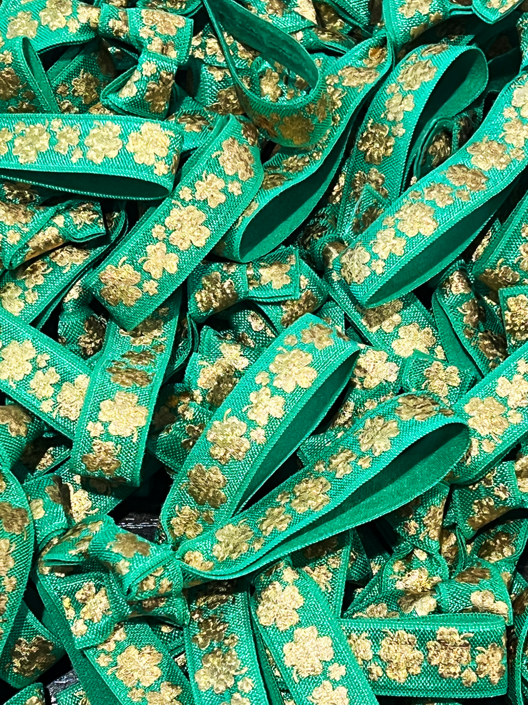 Gold Shamrock Foil On Green Elastic | Print Hair Ties