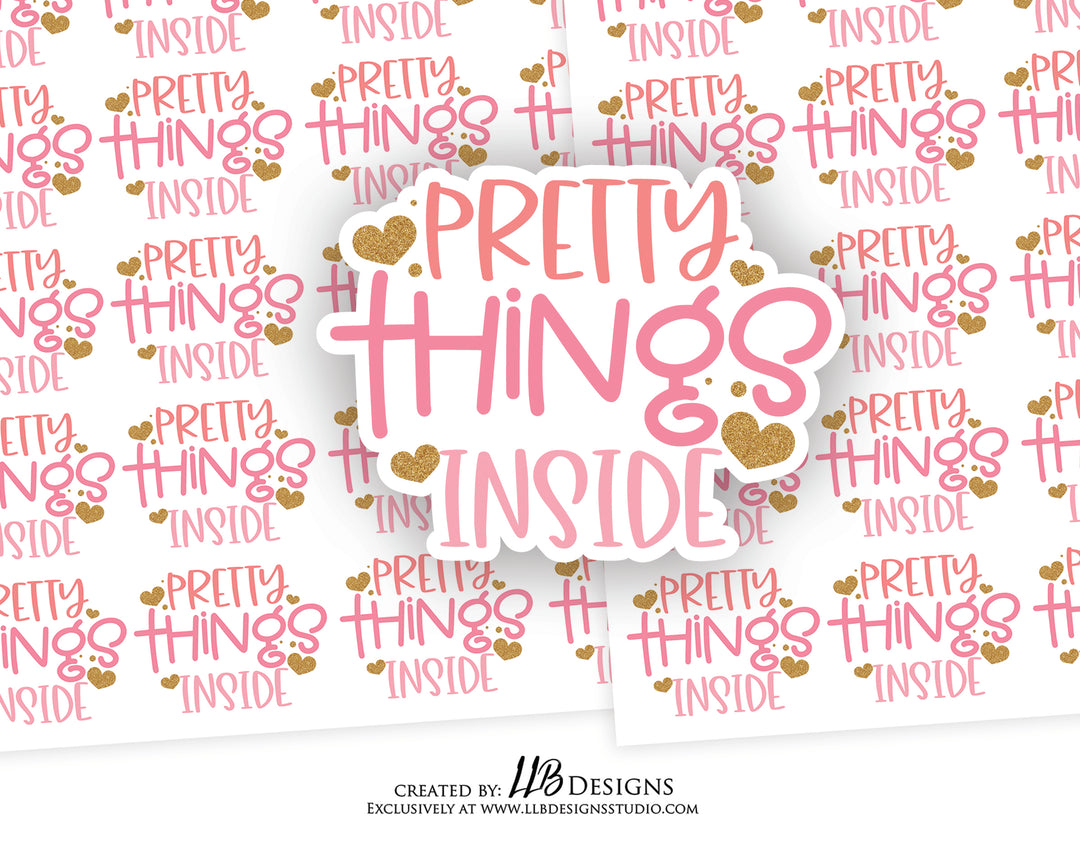 Pink Gold Hearts Pretty Things Inside | Packaging Stickers | Business Branding | Small Shop Stickers | Sticker #: S0181 | Ready To Ship