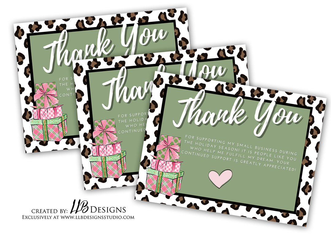 Packaging Insert | Support During The Holiday | Pink Gift and Cheetah Print | SIZE 3 X 4 INCHES | Card Number: TY21 | Ready To Ship