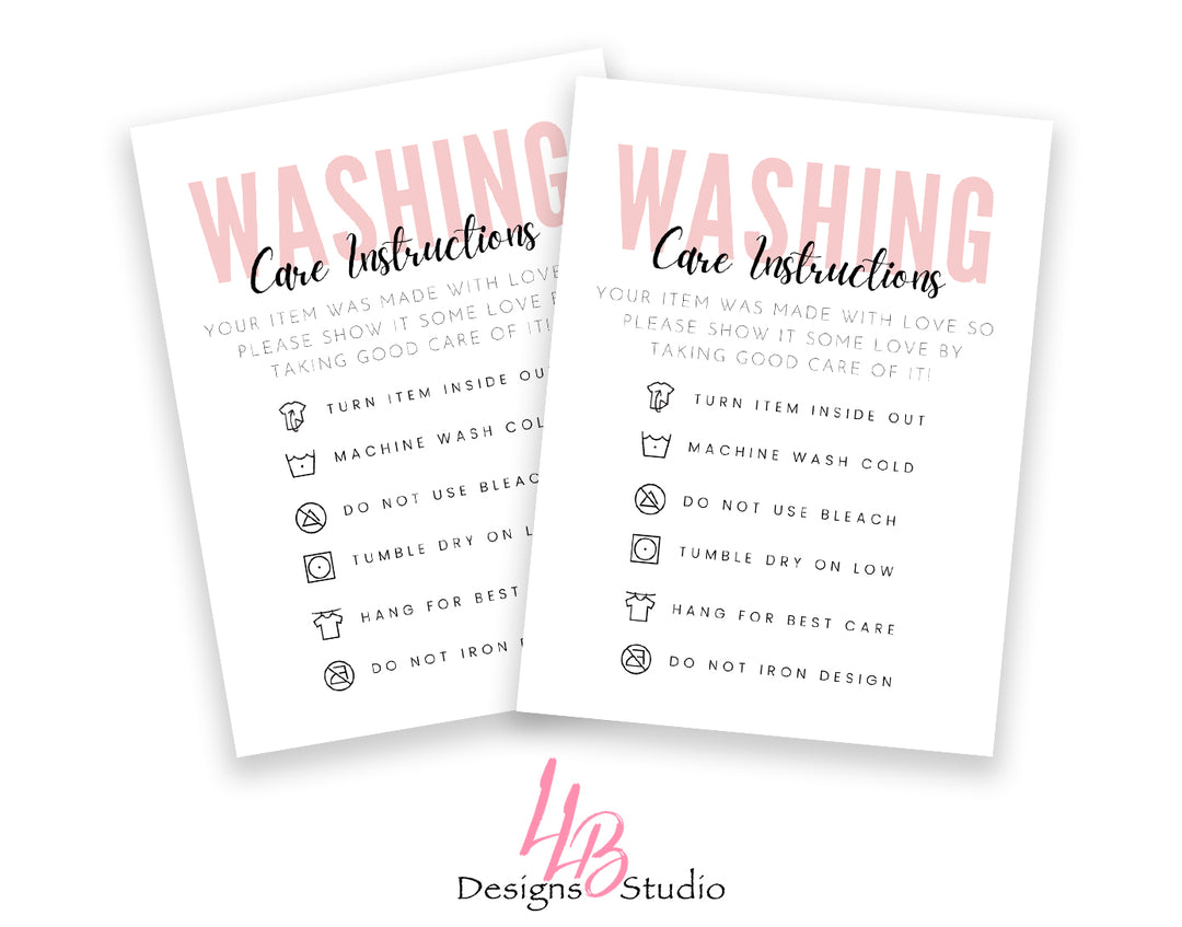 Non - Custom Washing Instructions | White Card - Pink Wording | SIZE 4 X 3 INCHES | Card Number: CC006 | Ready To Ship