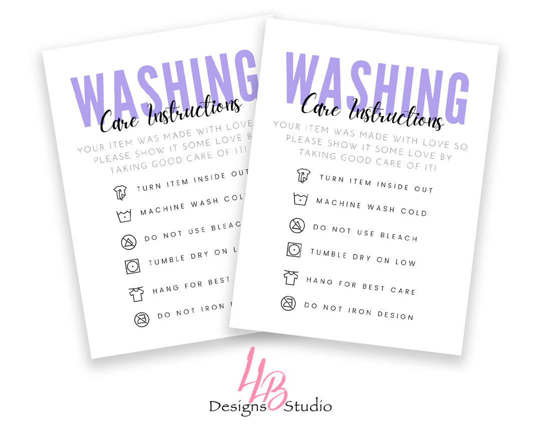 Non - Custom Washing Instructions | White Card - Purple Wording | SIZE 4 X 3 INCHES | Card Number: CC007 | Ready To Ship