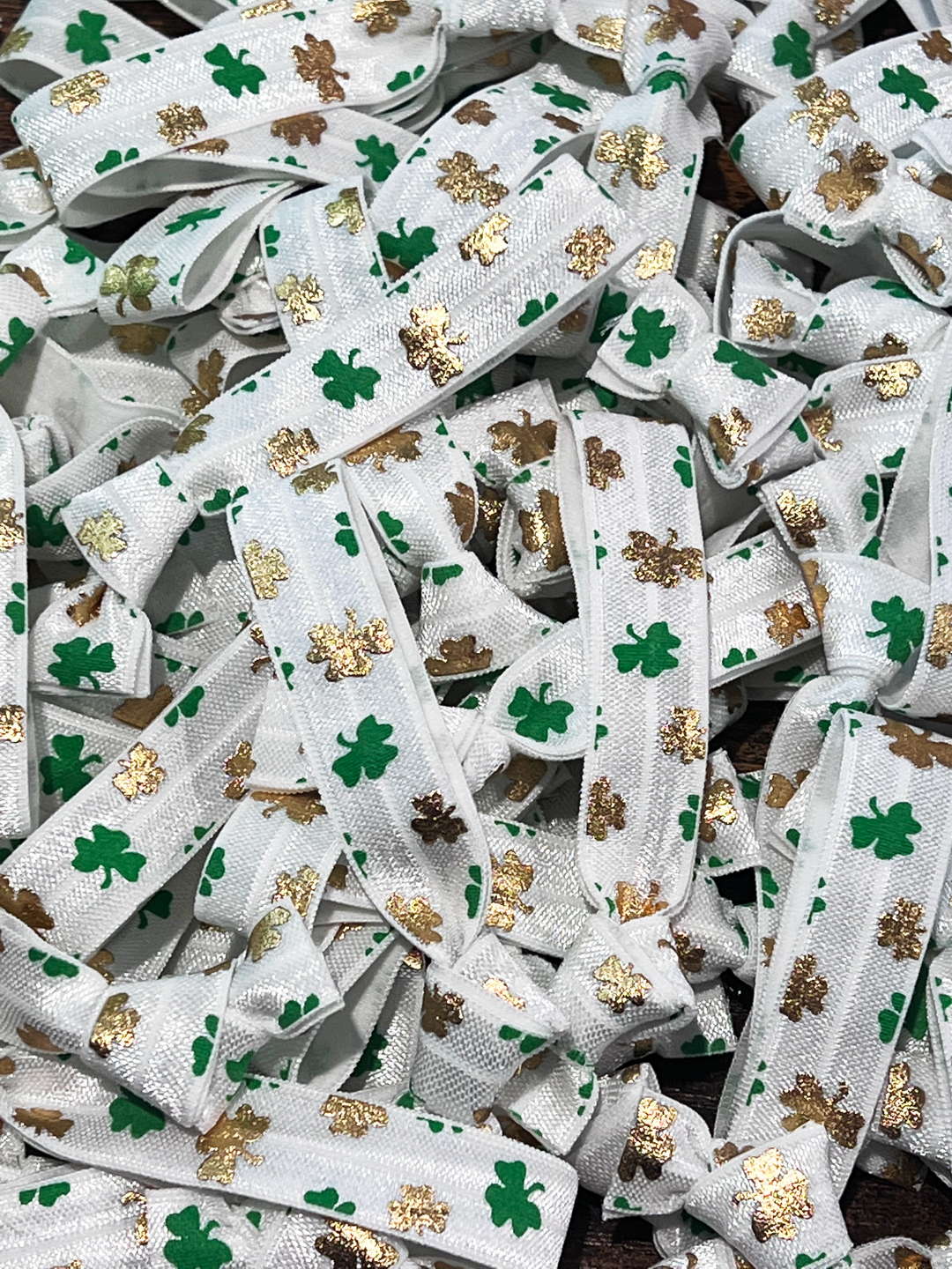 Shamrock Foil Gold On White Elastic | Print Hair Ties