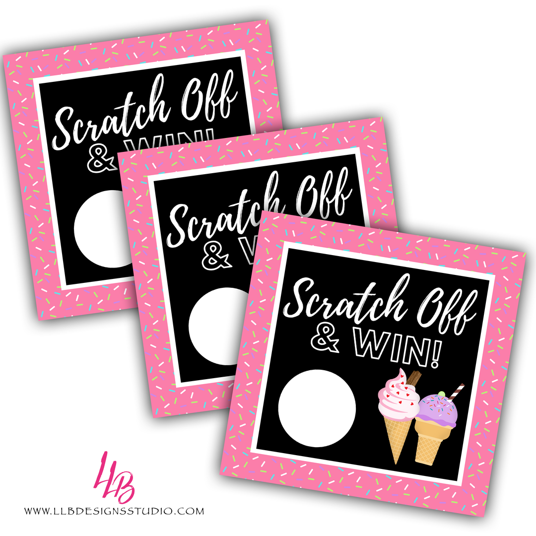 PRE DESIGNED Scratch Off Card | Scratch To Win Cards | Ice Cream Sprinkle Theme | 3x3 Inches | Packaging Supplies | Ready To Ship