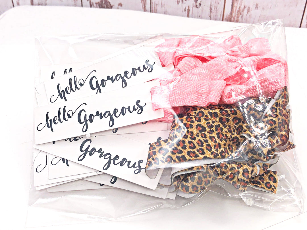 Light Pink + Cheetah Print - Hello Gorgeous - Thank You Shopping Small - Hair Ties + Mini Cards | 25 Hair Ties + Cards | SKU: HM32