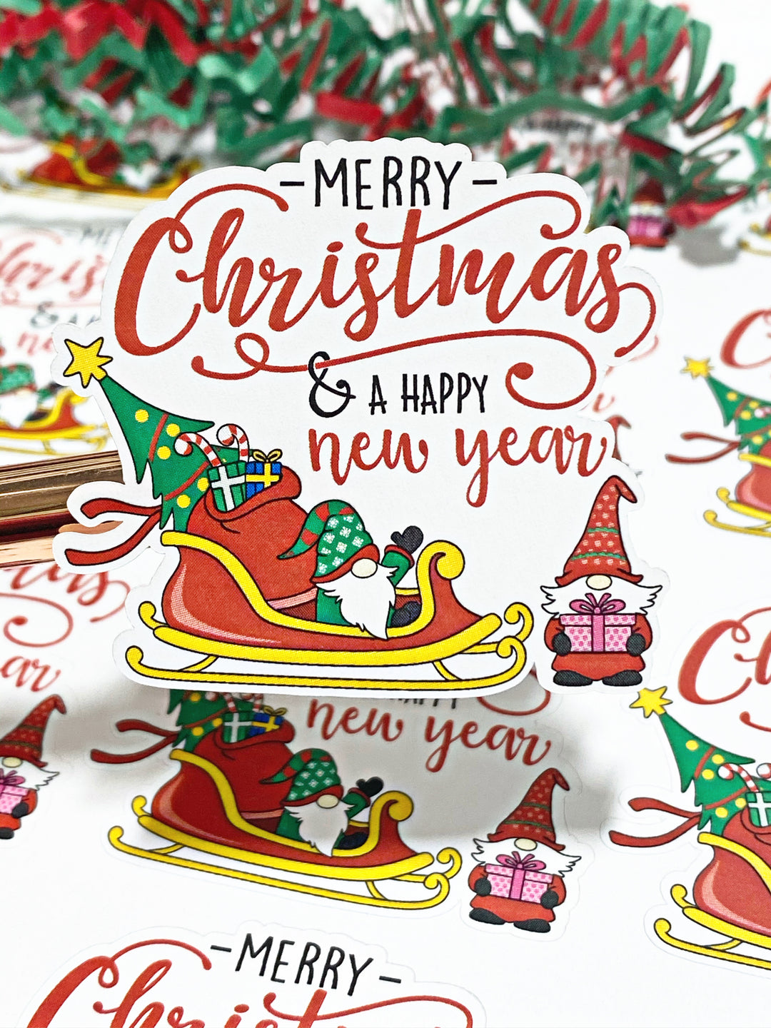 Merry Christmas + Happy New Year Gnomes | Packaging Stickers | Business Branding | Small Shop Stickers | Sticker #: S0129 | Ready To Ship