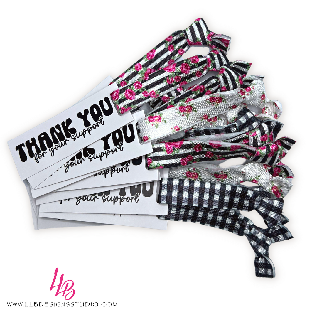 Floral Black Plaid Mix Of Printed Elastic Hair Ties, Thank You For Your Support Mini Hair Tie Card, 25 Hair Ties + Cards