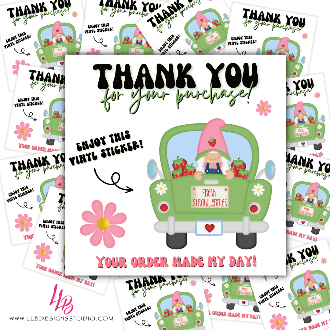 Strawberry Daisy Gnomes - Vinyl Peel Off Stickers, Package Fillers, Business Branding, Small Shop Vinyl, Tumbler Decal, Laptop Sticker, Window Sticker,