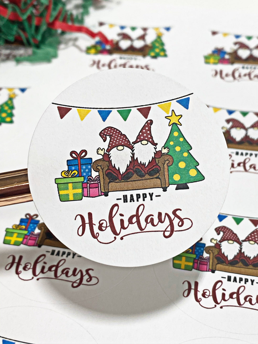 Happy Holidays Gnomes | Packaging Stickers | Business Branding | Small Shop Stickers | Sticker #: S00105 | Ready To Ship