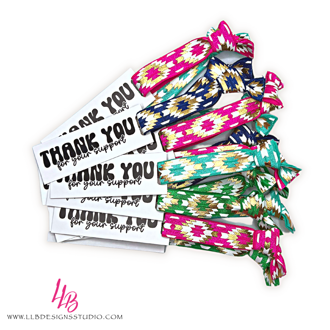 Foiled Aztec Mix Of Printed Elastic Hair Ties, Thank You For Your Support Mini Hair Tie Card, 25 Hair Ties + Cards