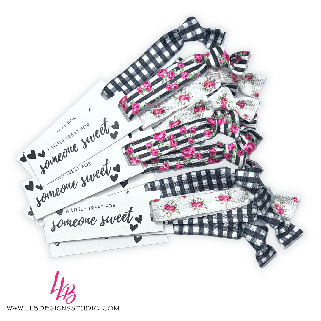 Floral Black Plaid Mix Of Printed Elastic Hair Ties, A Little Treat For Someone Special Mini Hair Tie Card, 25 Hair Ties + Cards