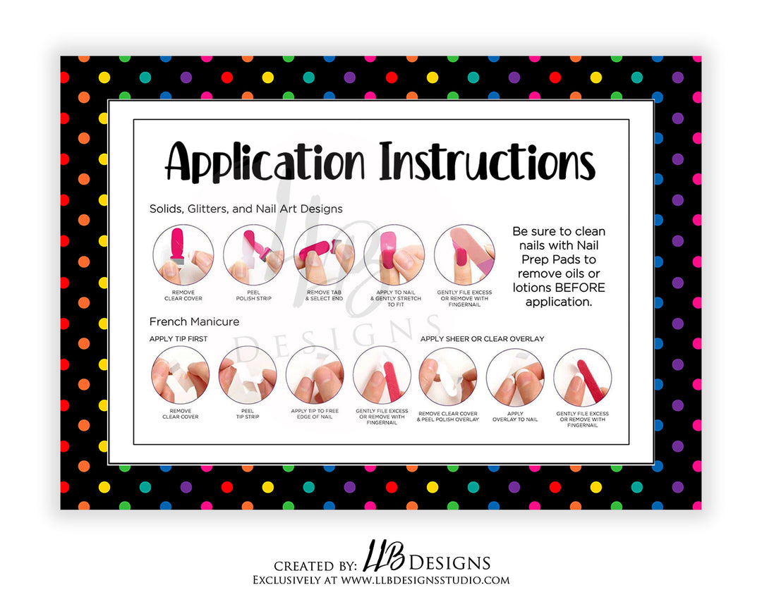 Application Instruction Cards | How To Apply Color Street Nails | Black Colorful Dots