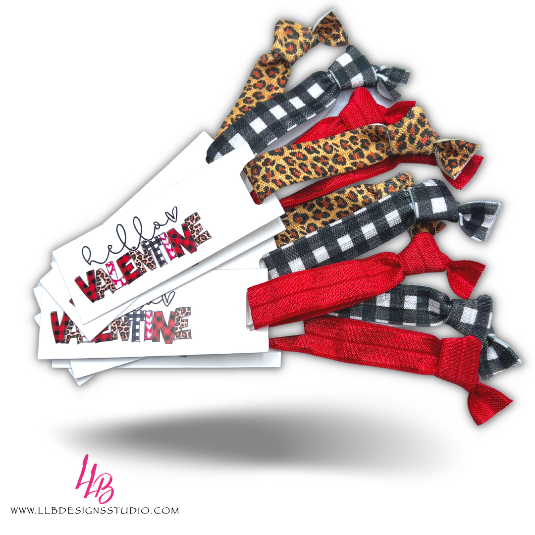 Leopard Plaid Valentine's Day Hair Ties - Happy Valentine's Mini Cards | 25 Hair Ties + Cards | SKU: HM26