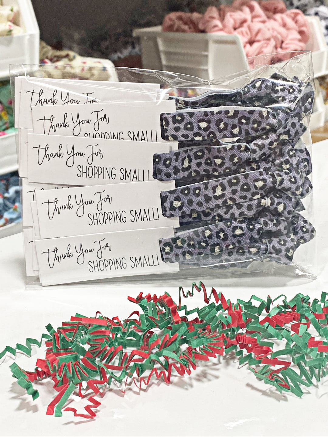 Purple/Silver Cheetah Print Hair Ties & Thank you For Shopping Small Mini Cards l Mini Hair Tie Card  | 25 Hair Ties + Cards | SKU: HM50