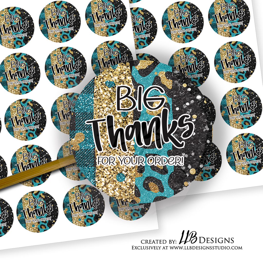 Cheetah Teal Glitter Big Thank You For Your Order |  Packaging Stickers | Business Branding | Small Shop Stickers | Sticker #: S0056 | Ready To Ship