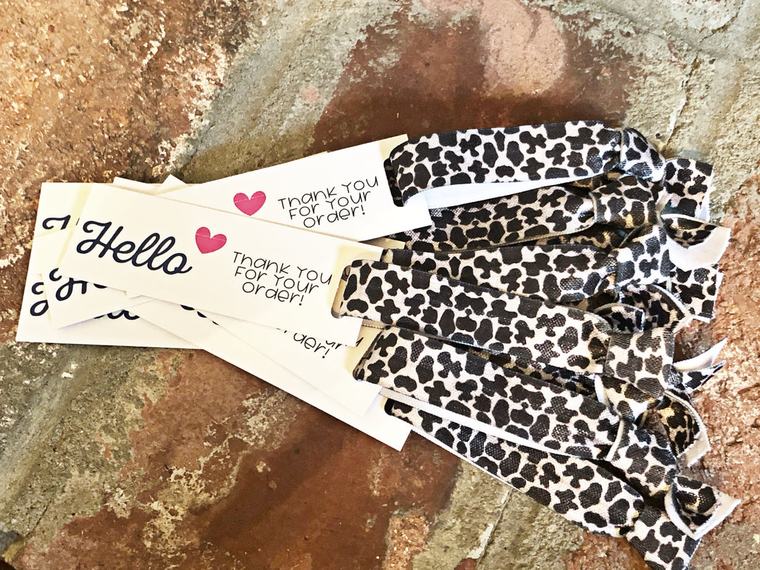 Black and White Cow Print Hello Thank You For Your Order - Hair Ties + Mini Cards | 25 Hair Ties + Cards | SKU: HM19