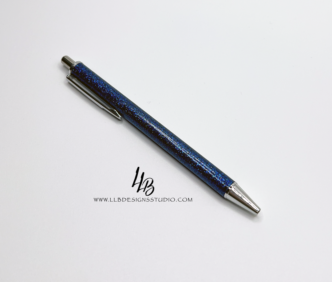 Stationery Pen | Dark Blue Glitter l Clickable Pen | Black Ink | SKU # PEN96
