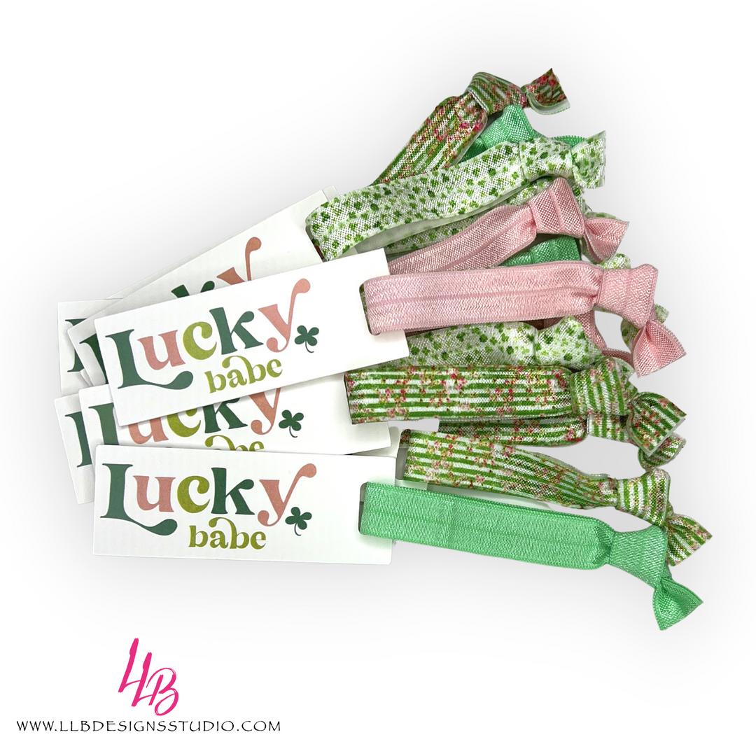 Shamrock Floral Mix Of Printed Elastic Hair Ties, Lucky Babe Mini Hair Tie Card, 25 Hair Ties + Cards