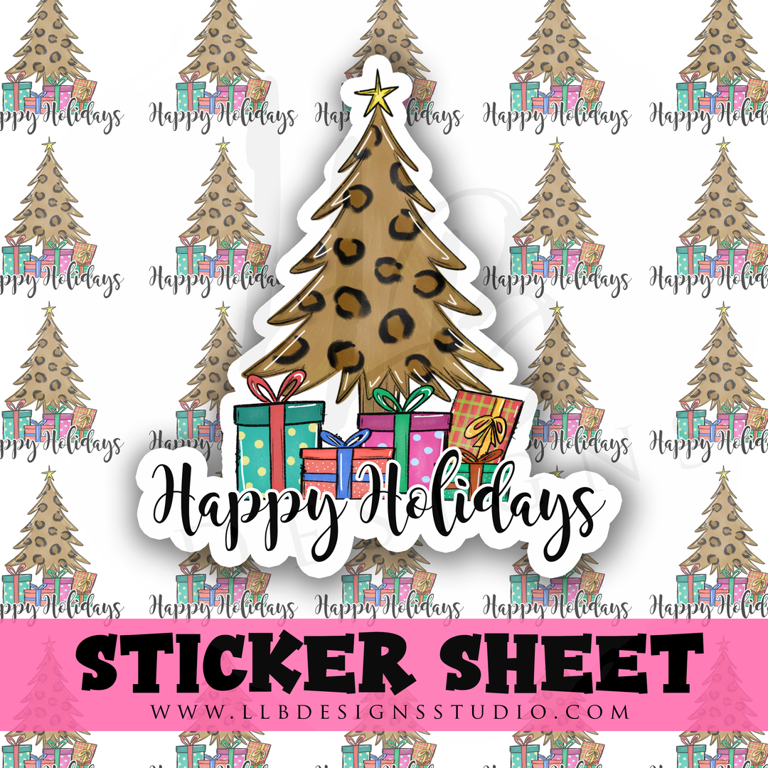 Happy Holiday Cheetah Tree |  Packaging Stickers | Business Branding | Small Shop Stickers | Sticker #: S0263 | Ready To Ship
