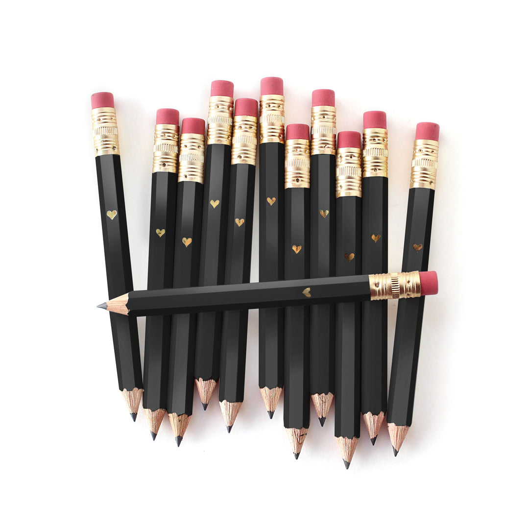 Pencil Sets - Foil Stamped | Gold Heart Mini Pencils - Black | SKU #PENCIL04