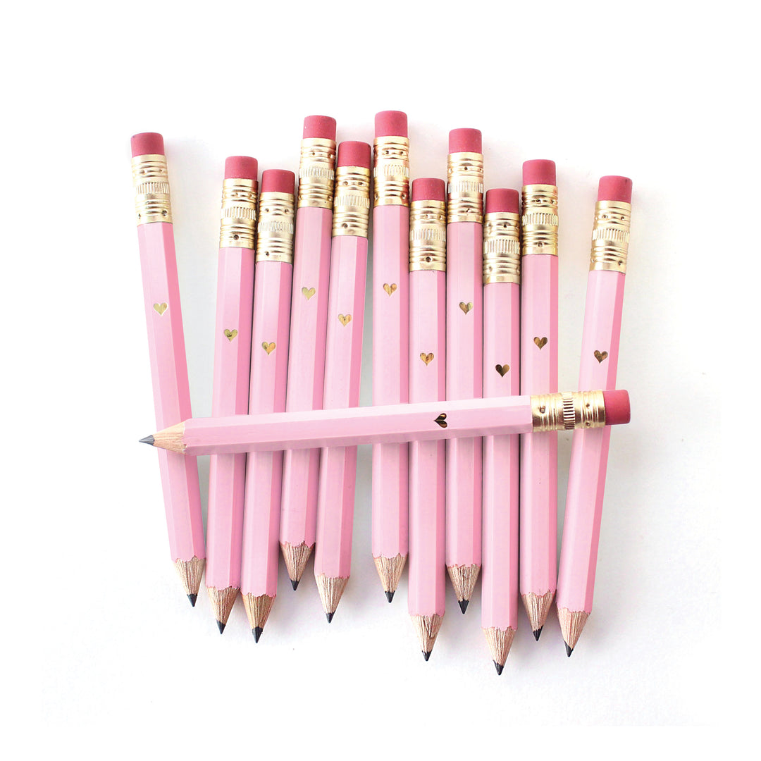 Pencil Sets - Foil Stamped | Gold Heart Mini Pencils - Pink | SKU #PENCIL06