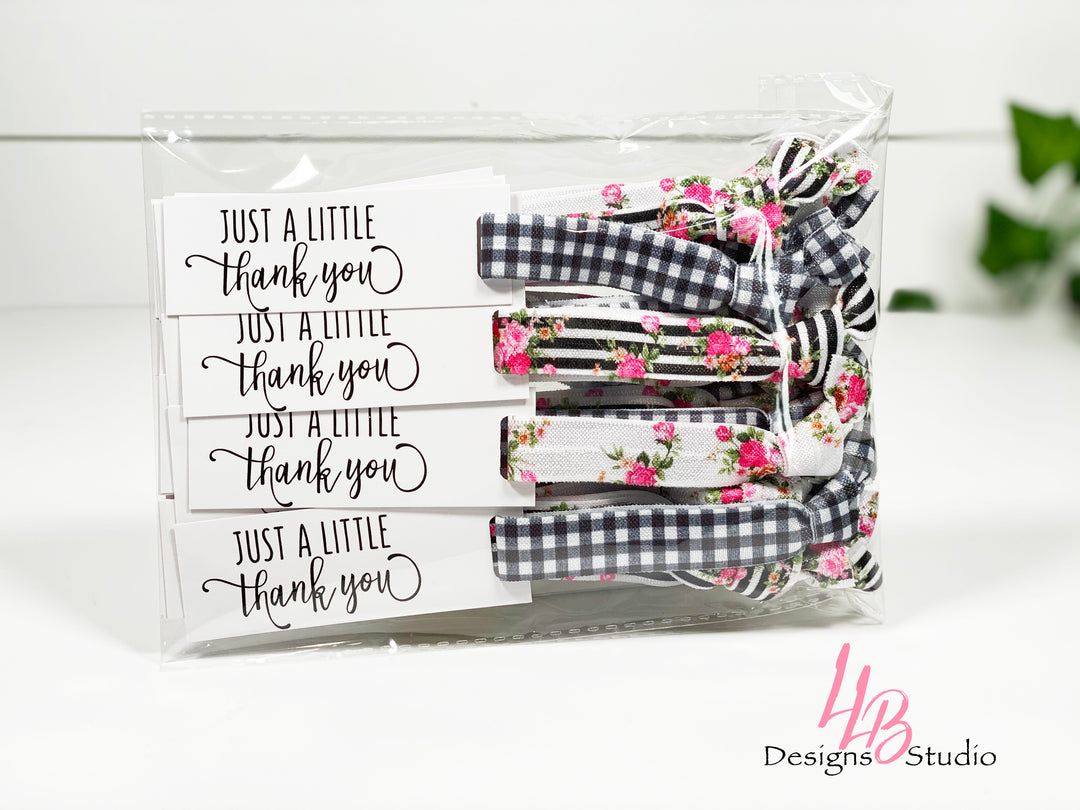 Mix of Plaid Floral Prints Hair Ties + Just A Little Thank You Mini Cards | 25 Hair Ties + Cards | SKU: HM28