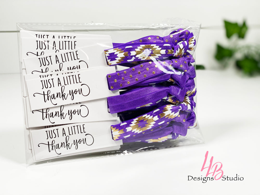 Mix of Purple Print Hair Ties + Just A Little Thank You Mini Cards | 25 Hair Ties + Cards | SKU: HM27