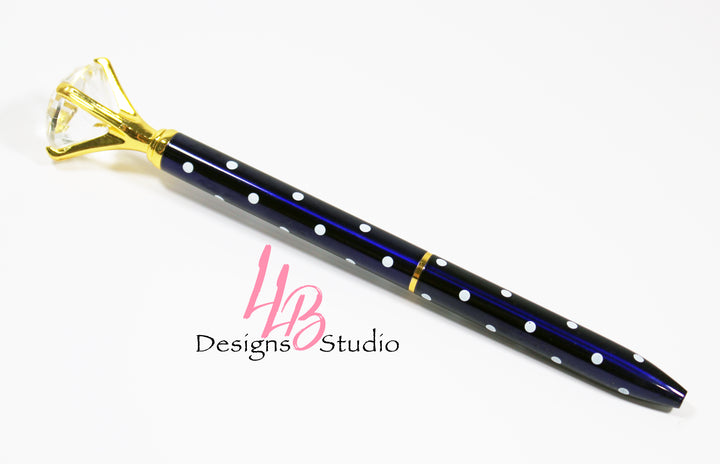 Stationary Pen | Metallic Blue and White Polka Dot Gold Diamond Pen | Black Ink | SKU # PEN24