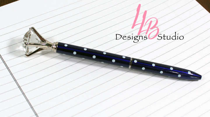 Stationary Pen | Metallic Blue and White Polka Dot Silver Diamond Pen | Black Ink | SKU # PEN22