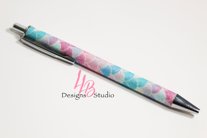 Stationary Pen | Pastel Mermaid Glitter Silver Trim Clickable Pen  | Black Ink | SKU # PEN31
