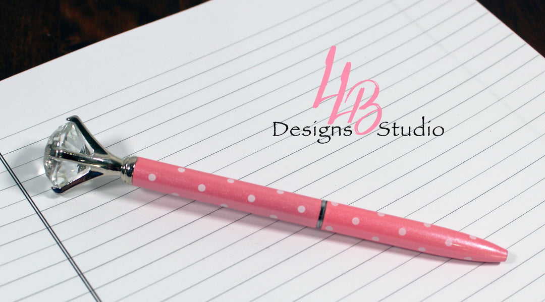 Stationary Pen | Pink and White Polka Dot Shimmer Diamond Pen | Black Ink | SKU # PEN19