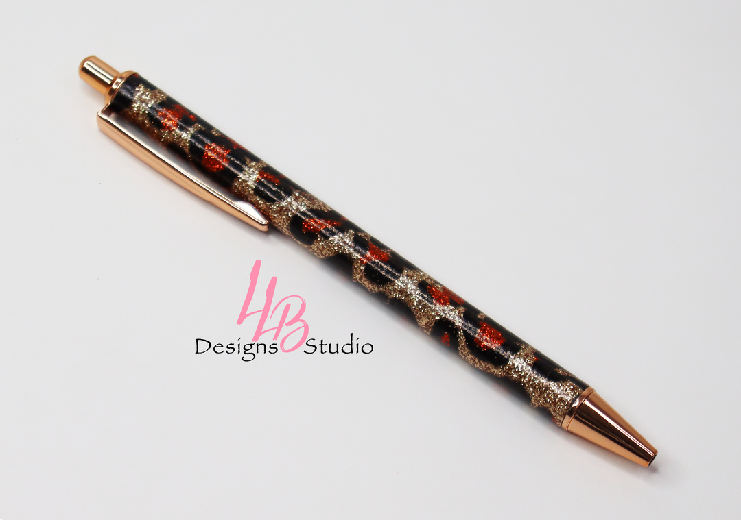 Stationery Pen | Rose Gold Cheetah Glitter Clickable Pen | Black Ink | SKU # PEN82