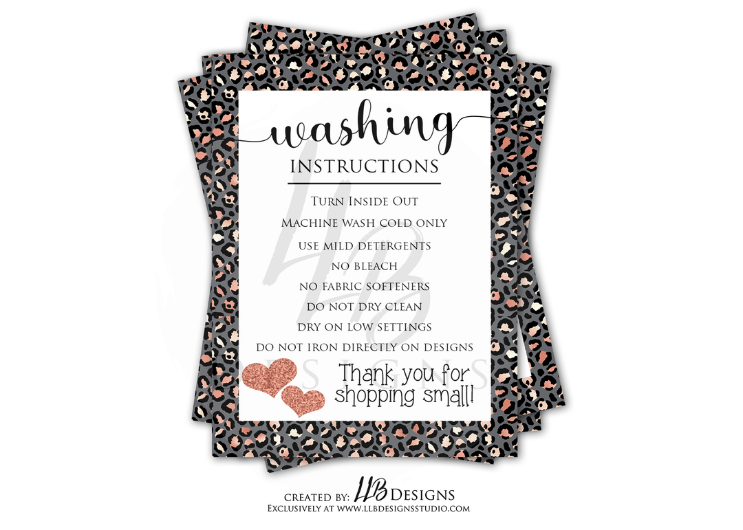 Non - Custom Washing Instructions  | Rose Gold Cheetah Print  | SIZE 4 X 3 INCHES | Card Number: CC001 | Ready To Ship