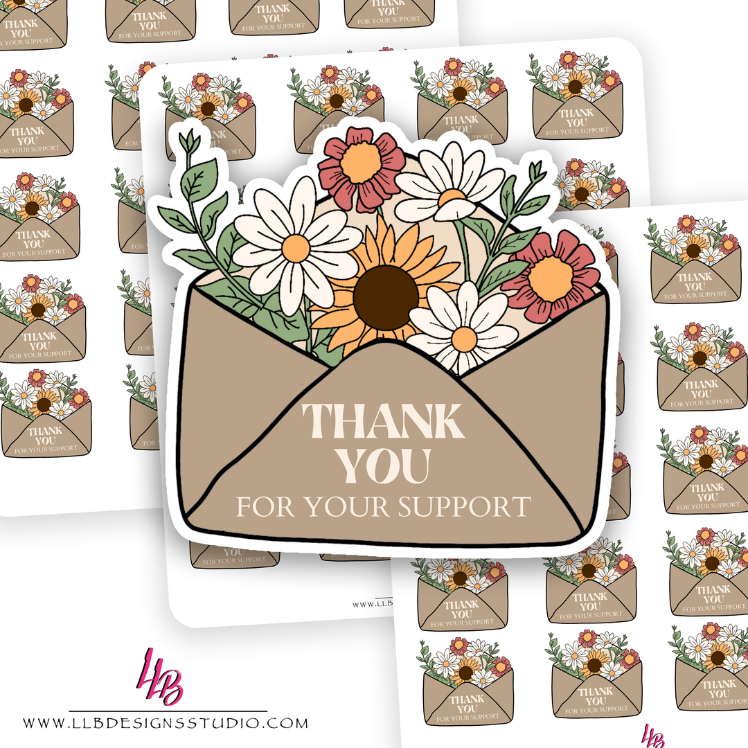 Floral Envelope Thank You For Your Support, Business Branding, Small Shop Stickers , Sticker #: S0593, Ready To Ship