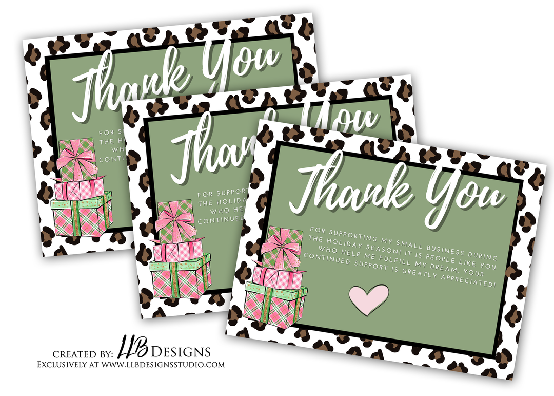 Packaging Insert  | Support During The Holiday  | Pink Gift and Cheetah Print  | SIZE 3 X 4 INCHES | Card Number: TY21 | Ready To Ship