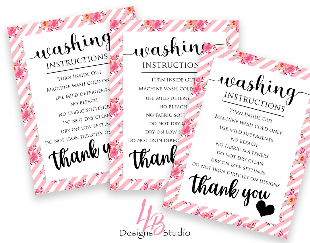Non - Custom Washing Instructions  | Pink Floral | SIZE 4 X 3 INCHES | Card Number: CC012 | Ready To Ship