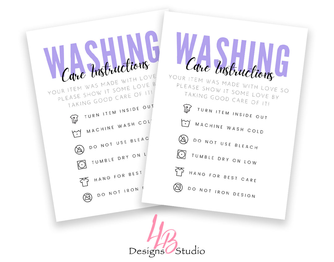 Non - Custom Washing Instructions  | White Card - Purple Wording  | SIZE 4 X 3 INCHES | Card Number: CC007 | Ready To Ship