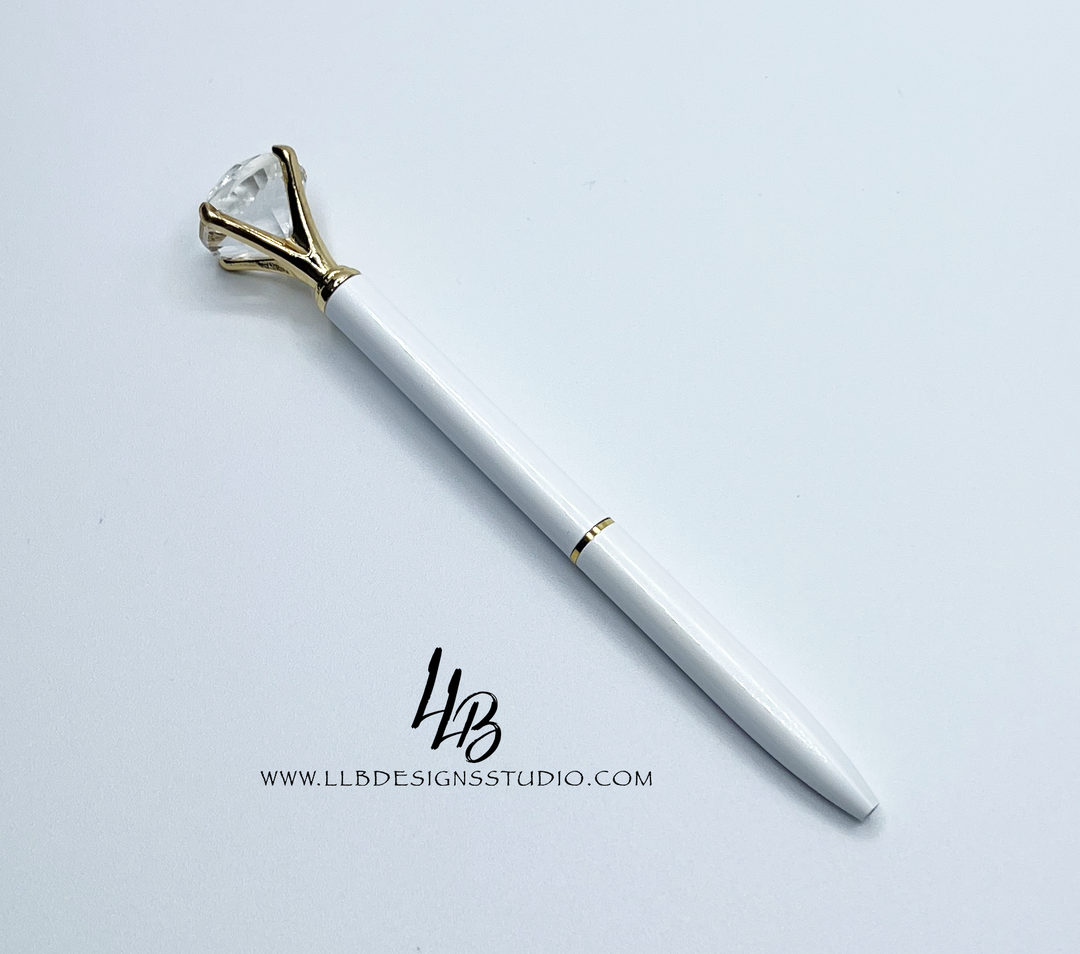 Stationery Pen | White with Gold Tirm l Diamond Pen | Black Ink | SKU # PEN91